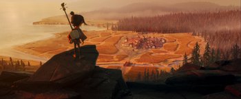 Movie still from “Kubo and the Two Strings” (2016), directed by Travis Knight – An artist's rendering of a village in the middle of a valley; Extreme Wide shot, High angle