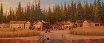 Movie still from “Kubo and the Two Strings” (2016), directed by Travis Knight – An oil painting of a crowd of people walking around a park; Extreme Wide shot, Over the shoulder angle