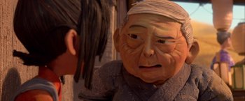 Movie still from “Kubo and the Two Strings” (2016), directed by Travis Knight – An old man with a bandage on his head; Close Up shot, Over the shoulder angle