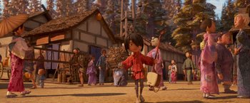 Movie still from “Kubo and the Two Strings” (2016), directed by Travis Knight – A scene from the animated film , the little rascals; Wide shot, Over the shoulder angle
