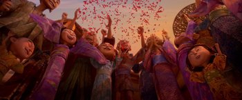 Movie still from “Kubo and the Two Strings” (2016), directed by Travis Knight – A group of people standing next to each other with their hands up; Wide shot, Low angle