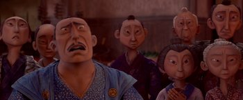 Movie still from “Kubo and the Two Strings” (2016), directed by Travis Knight – A group of people standing next to each other; Close Up shot, Low angle