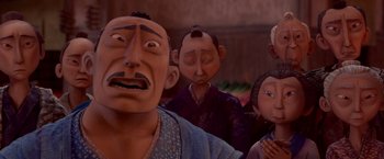 Movie still from “Kubo and the Two Strings” (2016), directed by Travis Knight – A group of cartoon characters; Close Up shot, Over the shoulder angle
