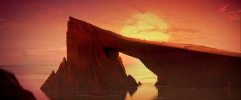 Movie still from “Kubo and the Two Strings” (2016), directed by Travis Knight – A person standing on a rock near the ocean; Extreme Wide shot, Low angle