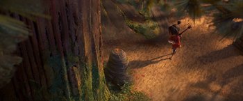 Movie still from “Kubo and the Two Strings” (2016), directed by Travis Knight – An artistic image of a tree and a stack of rocks; Extreme Wide shot, High angle