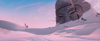 Movie still from “Kubo and the Two Strings” (2016), directed by Travis Knight – An image of a statue in the middle of the snow; Extreme Wide shot, Low angle