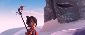 Movie still from “Kubo and the Two Strings” (2016), directed by Travis Knight – A girl is standing in front of a mountain; Medium shot, Low angle