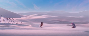 Movie still from “Kubo and the Two Strings” (2016), directed by Travis Knight – A person is running through the snow covered ground; Extreme Wide shot, Low angle
