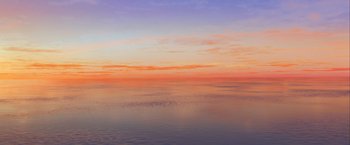 Movie still from “Kubo and the Two Strings” (2016), directed by Travis Knight – An orange and blue sky over a body of water; Extreme Wide shot, Low angle
