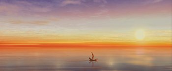 Movie still from “Kubo and the Two Strings” (2016), directed by Travis Knight – A boat floating on top of a body of water at sunset; Extreme Wide shot, High angle