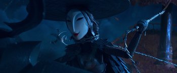 Movie still from “Kubo and the Two Strings” (2016), directed by Travis Knight – A woman with a black hat and a black mask; Close Up shot, Low angle