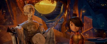 Movie still from “Kubo and the Two Strings” (2016), directed by Travis Knight – An animated scene of a man and a woman holding instruments; Medium shot, Over the shoulder angle