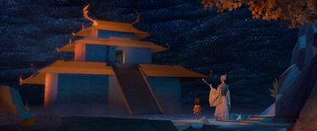 Movie still from “Kubo and the Two Strings” (2016), directed by Travis Knight – An animated scene of a person and a child in front of a building; Extreme Wide shot, Low angle