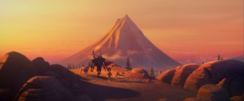 Movie still from “Kubo and the Two Strings” (2016), directed by Travis Knight – An animal with horns walking across a dirt road; Extreme Wide shot, Low angle