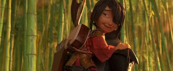 Movie still from “Kubo and the Two Strings” (2016), directed by Travis Knight – A person holding a bow and arrow; Medium shot, Over the shoulder angle