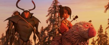 Movie still from “Kubo and the Two Strings” (2016), directed by Travis Knight – An animated scene of a girl holding an animal; Wide shot, Low angle