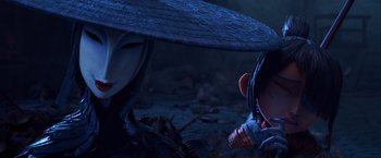 Movie still from “Kubo and the Two Strings” (2016), directed by Travis Knight – A person wearing a mask and a hat; Close Up shot, Low angle
