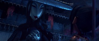 Movie still from “Kubo and the Two Strings” (2016), directed by Travis Knight – A person with a mask and a hat on; Close Up shot, Low angle