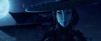 Movie still from “Kubo and the Two Strings” (2016), directed by Travis Knight – A person wearing a mask and a hat; Close Up shot, Low angle