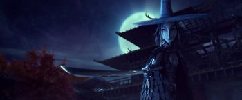 Movie still from “Kubo and the Two Strings” (2016), directed by Travis Knight – A woman dressed as a witch holding a sword in front of a full moon; Close Up shot, Low angle