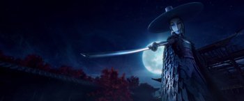 Movie still from “Kubo and the Two Strings” (2016), directed by Travis Knight – A person holding a sword in front of the moon; Close Up shot, Low angle