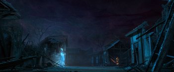 Movie still from “Kubo and the Two Strings” (2016), directed by Travis Knight – An image of an old house in the night time; Extreme Wide shot, Low angle