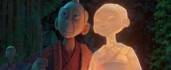 Movie still from “Kubo and the Two Strings” (2016), directed by Travis Knight – A statue of a man and a woman; Close Up shot, Low angle