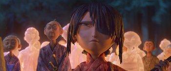 Movie still from “Kubo and the Two Strings” (2016), directed by Travis Knight – The head of an animated character; Close Up shot, Low angle