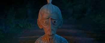 Movie still from “Kubo and the Two Strings” (2016), directed by Travis Knight – An animated character is looking at the camera; Close Up shot, Low angle