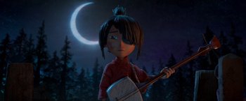 Movie still from “Kubo and the Two Strings” (2016), directed by Travis Knight – A cartoon of a girl holding a sword in front of the moon; Close Up shot, Low angle