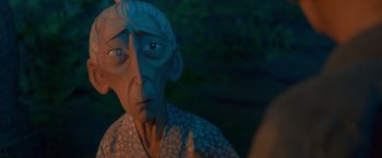 Movie still from “Kubo and the Two Strings” (2016), directed by Travis Knight – An old man with blue eyes is looking at the camera; Close Up shot, Over the shoulder angle