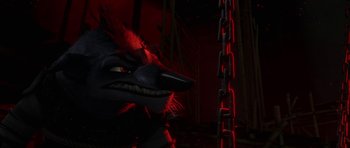 Movie still from “Kung Fu Panda 2” (2011), directed by Jennifer Yuh Nelson – A black and red mask is hanging from a chain; Close Up shot, Over the shoulder angle