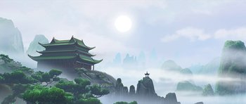 An oriental landscape with a pagoda and mountains in the background