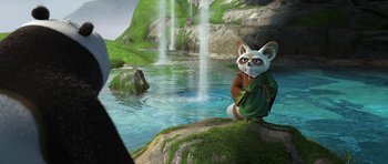 Movie still from “Kung Fu Panda 2” (2011), directed by Jennifer Yuh Nelson – A panda bear is standing in front of a waterfall; Wide shot, High angle