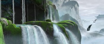 Movie still from “Kung Fu Panda 2” (2011), directed by Jennifer Yuh Nelson – A waterfall with green moss on the side of a mountain; Extreme Wide shot, Low angle
