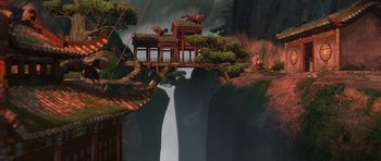 Movie still from “Kung Fu Panda 2” (2011), directed by Jennifer Yuh Nelson – An animated scene of a bridge over a waterfall; Extreme Wide shot, High angle