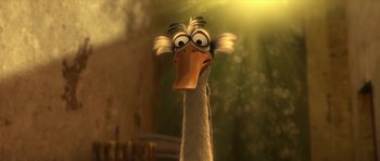 Movie still from “Kung Fu Panda 2” (2011), directed by Jennifer Yuh Nelson – An animated bird with a surprised look on its face; Close Up shot, Low angle