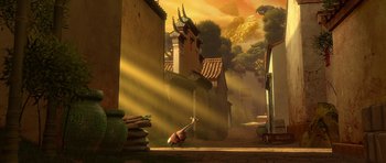 Movie still from “Kung Fu Panda 2” (2011), directed by Jennifer Yuh Nelson – An image of an animated scene with a dragon in the background; Extreme Wide shot, Low angle
