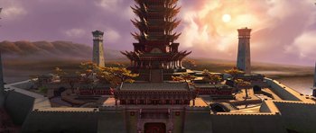 Movie still from “Kung Fu Panda 2” (2011), directed by Jennifer Yuh Nelson – An asian style building with a tower in the background; Extreme Wide shot, High angle