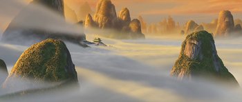 Movie still from “Kung Fu Panda 2” (2011), directed by Jennifer Yuh Nelson – A painting of a mountain range in the middle of the day; Extreme Wide shot, High angle