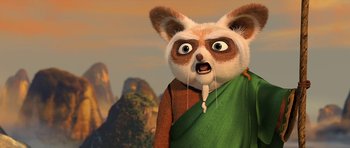 Movie still from “Kung Fu Panda 2” (2011), directed by Jennifer Yuh Nelson – An animated character is wearing a green robe; Close Up shot, Low angle