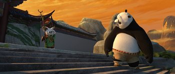 Movie still from “Kung Fu Panda 2” (2011), directed by Jennifer Yuh Nelson – A panda bear and a dragon on some steps; Extreme Wide shot, Low angle