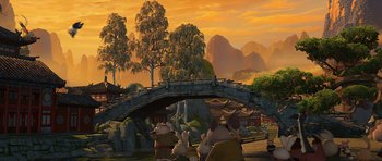 Movie still from “Kung Fu Panda 2” (2011), directed by Jennifer Yuh Nelson – A group of animals are standing in front of a bridge; Extreme Wide shot, High angle