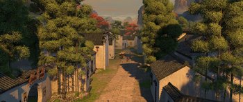 Movie still from “Kung Fu Panda 2” (2011), directed by Jennifer Yuh Nelson – An image of a street scene with trees in the background; Extreme Wide shot, High angle