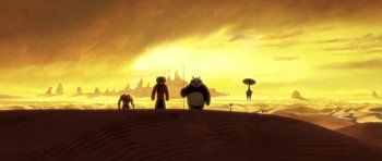 Movie still from “Kung Fu Panda 2” (2011), directed by Jennifer Yuh Nelson – A group of people standing on top of a sandy beach; Wide shot, Low angle