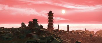 Movie still from “Kung Fu Panda 2” (2011), directed by Jennifer Yuh Nelson – An image of an asian temple in the middle of the day; Extreme Wide shot, High angle