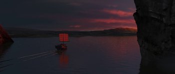 Movie still from “Kung Fu Panda 2” (2011), directed by Jennifer Yuh Nelson – A boat floating on top of a body of water at sunset; Extreme Wide shot, High angle