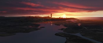Movie still from “Kung Fu Panda 2” (2011), directed by Jennifer Yuh Nelson – The sun is setting over a city and a body of water; Extreme Wide shot, High angle