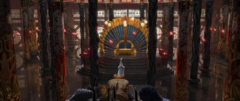 Movie still from “Kung Fu Panda 2” (2011), directed by Jennifer Yuh Nelson – A stage with a blue and yellow fan on the stage; Extreme Wide shot, High angle