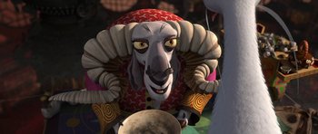 Movie still from “Kung Fu Panda 2” (2011), directed by Jennifer Yuh Nelson – A cartoon of a dog with a bowl in his mouth; Close Up shot, Over the shoulder angle